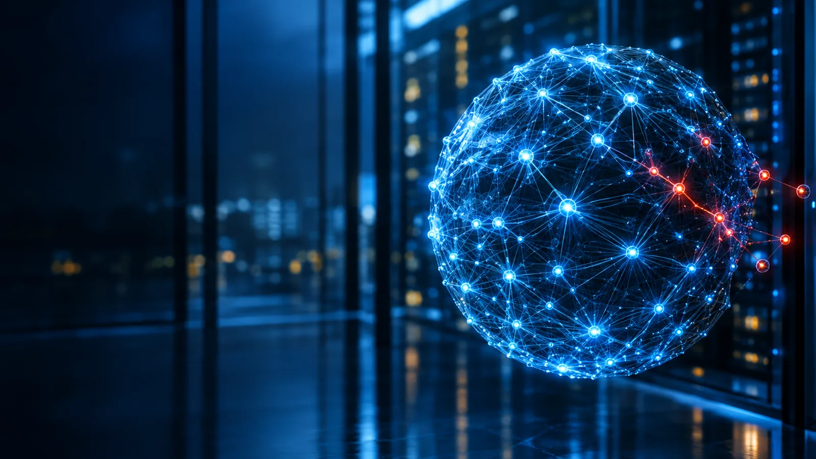 Glowing neural network sphere inside a dark server room with a few nodes drifting out of alignment in red, representing AI model drift and agentic AI risk governance. AI-generated illustrative image.