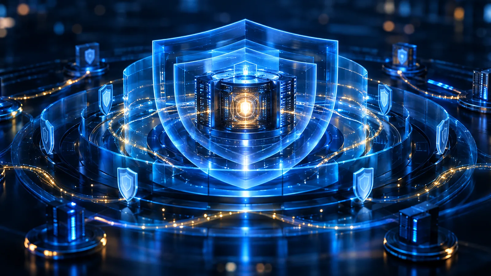 Layered translucent security shields around a glowing central vault with audit trails of light between layers, representing zero-trust compliance and continuous control monitoring. AI-generated illustrative image.