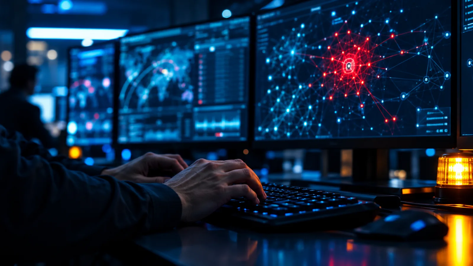Incident responder typing in a dark security operations center while monitors show a network graph with a red alert cluster and an amber warning light, representing machine-speed incident containment. AI-generated illustrative image.