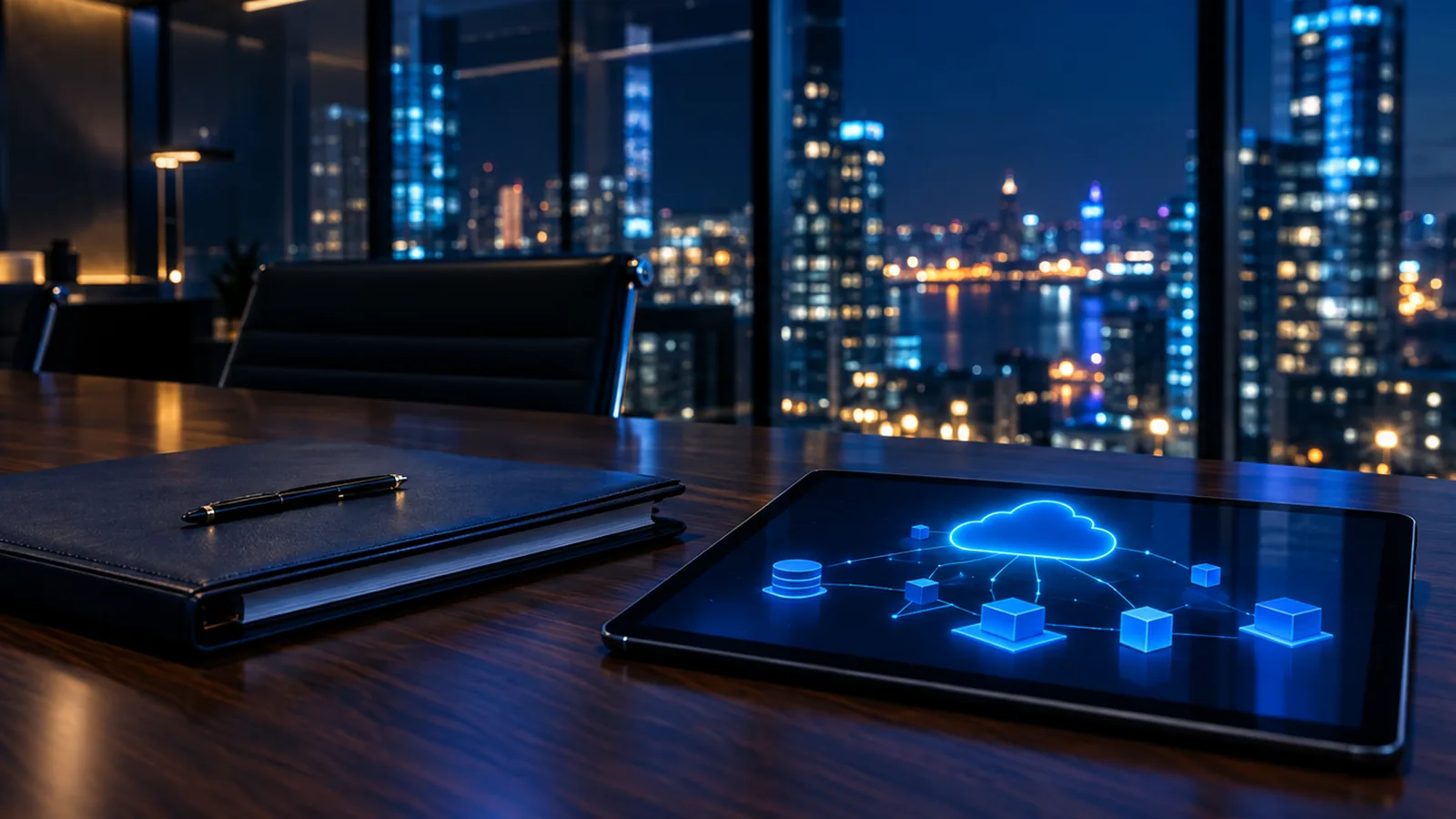 Executive meeting room at night with a contract folder and a tablet showing a cloud architecture diagram, representing AI SaaS procurement and contract review. AI-generated illustrative image.