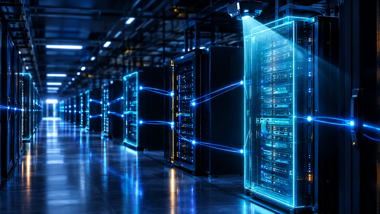 Data center aisle with light lines tracing connections between server racks and one rack under a cyan inspection beam, representing vendor supply-chain verification and provenance checks. AI-generated illustrative image.