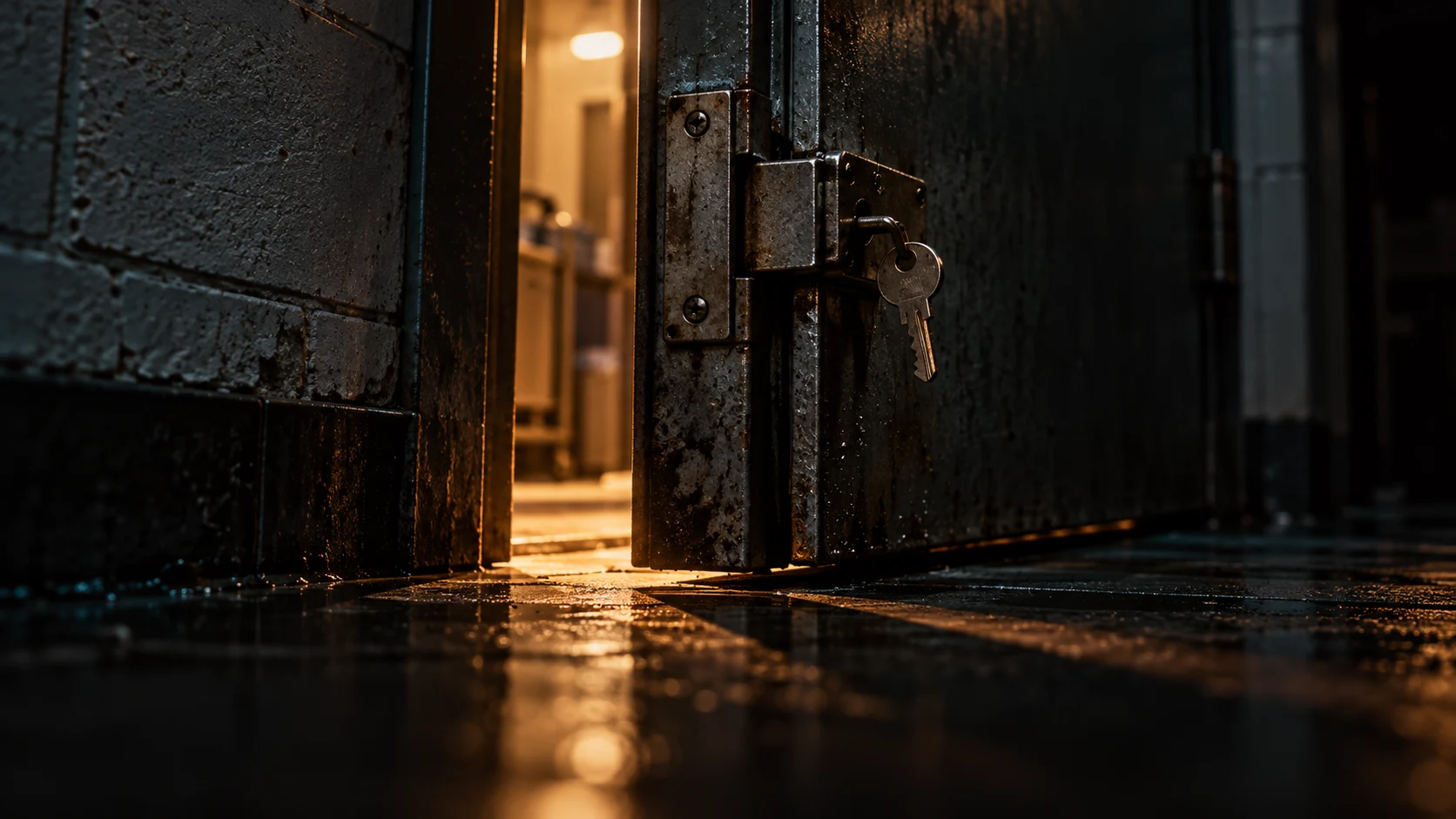 A service door sits partly open in amber light. AI-generated editorial illustration.