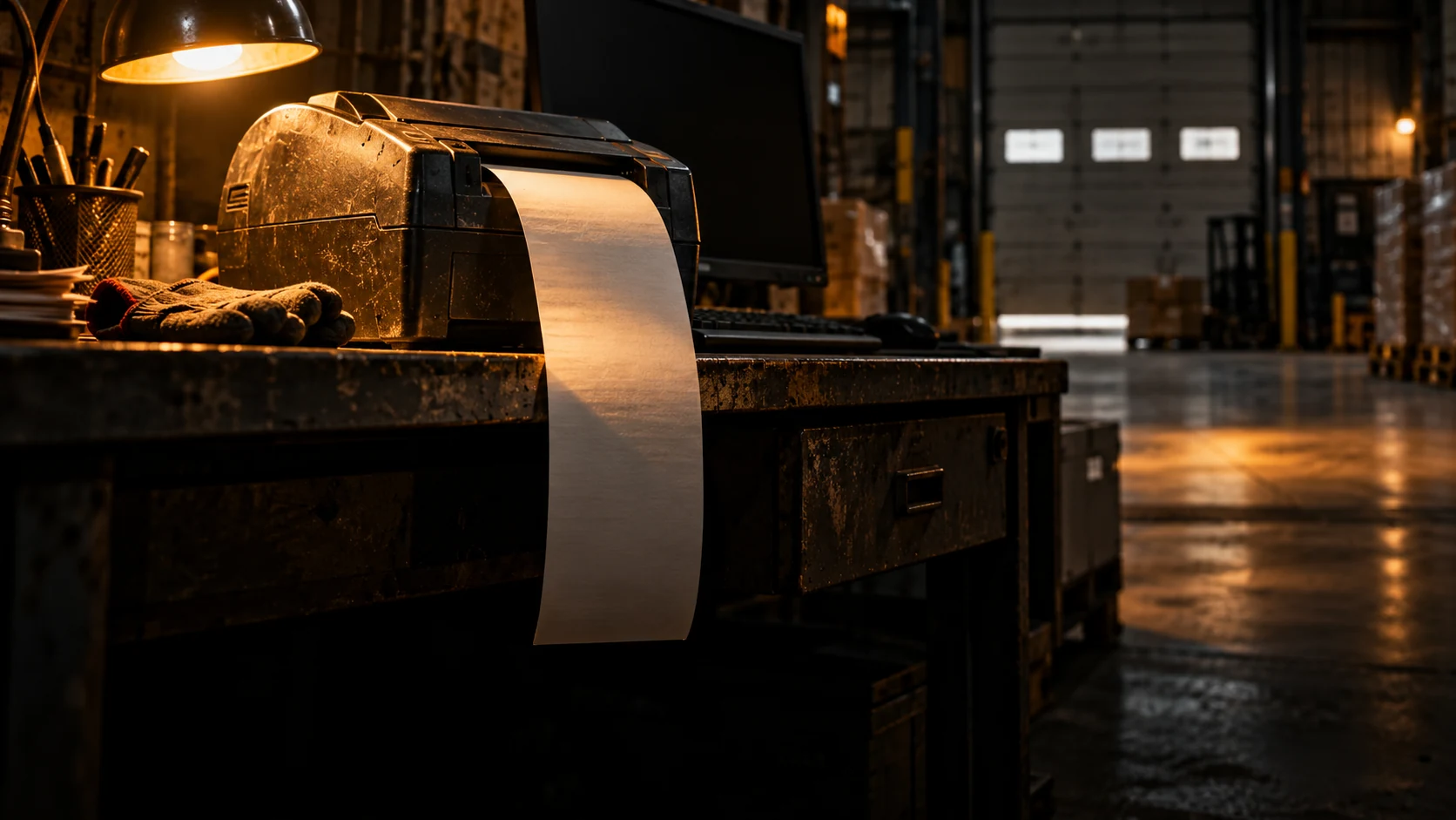 A thermal printer at a warehouse dispatch desk, its long paper strip hanging motionless beside an abandoned glove and dark screen. AI-generated editorial illustration.