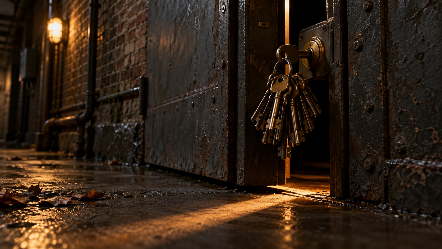 Brass keys hang from an open maintenance door. AI-generated editorial illustration.