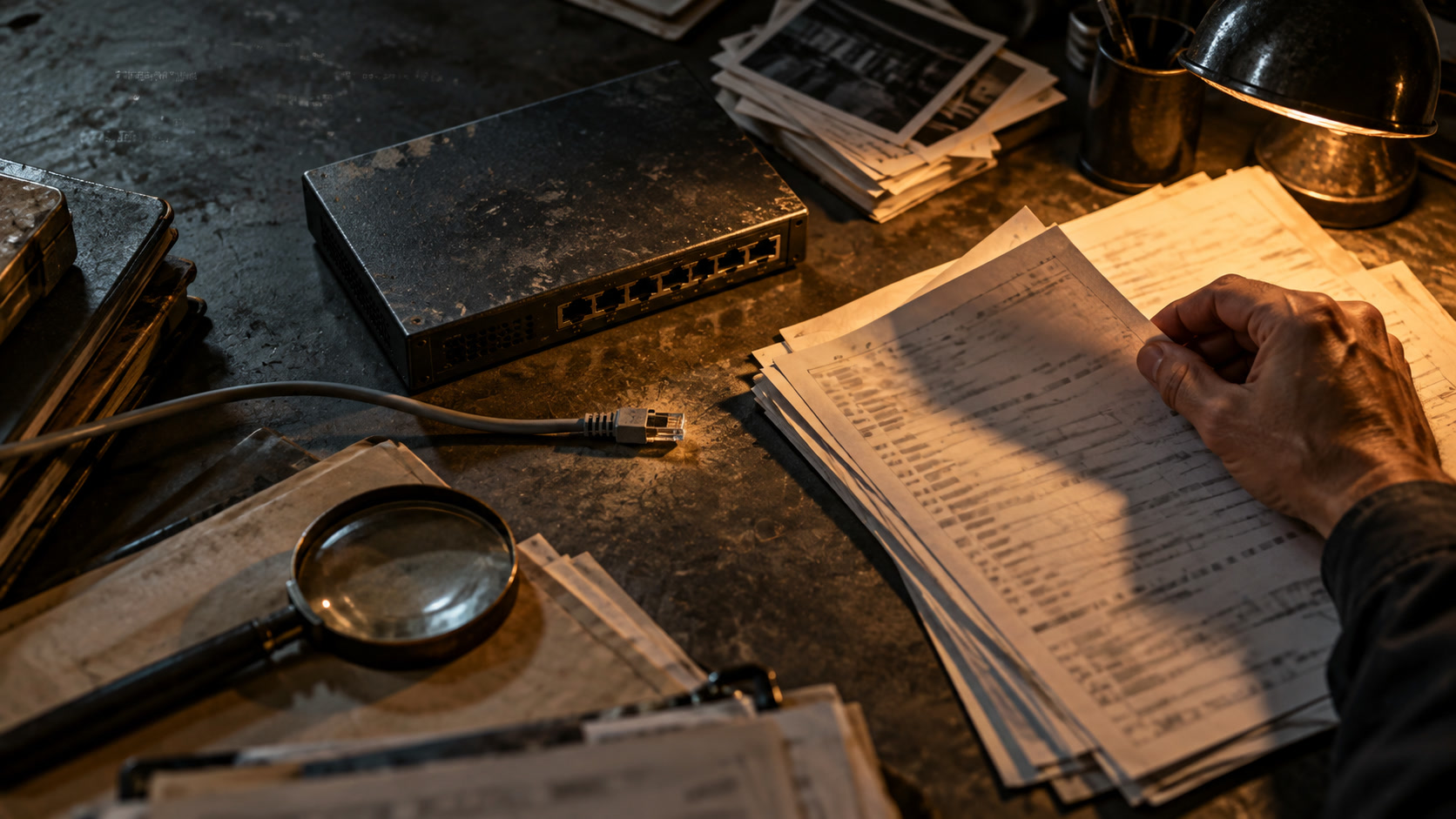Paper records beside an appliance and unplugged cable. AI-generated editorial illustration.