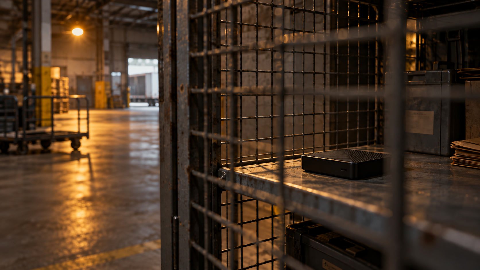 Equipment behind a mesh enclosure. AI-generated editorial illustration.