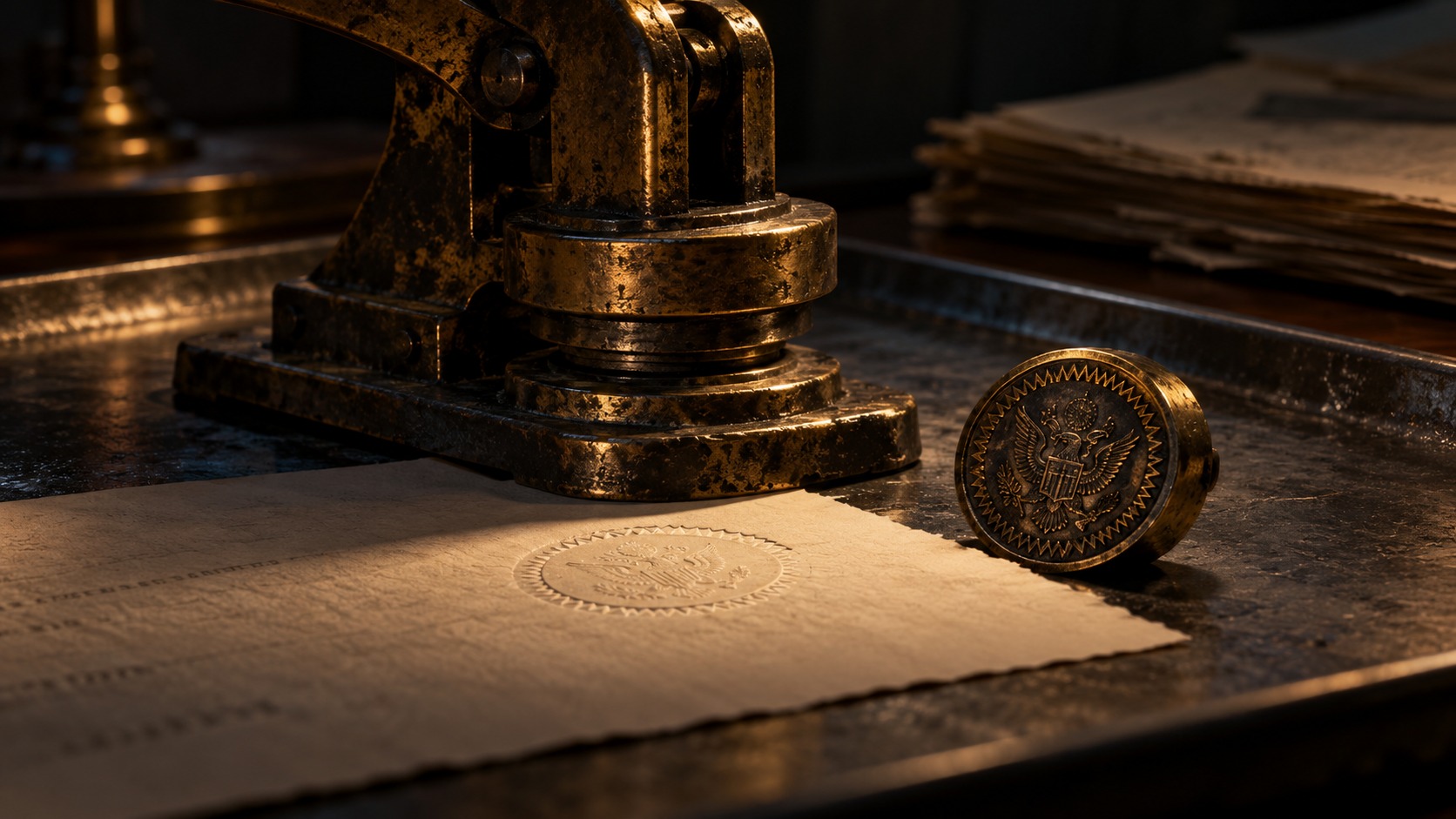A brass document press and detached seal on a steel tray. AI-generated editorial illustration of compromised trust.