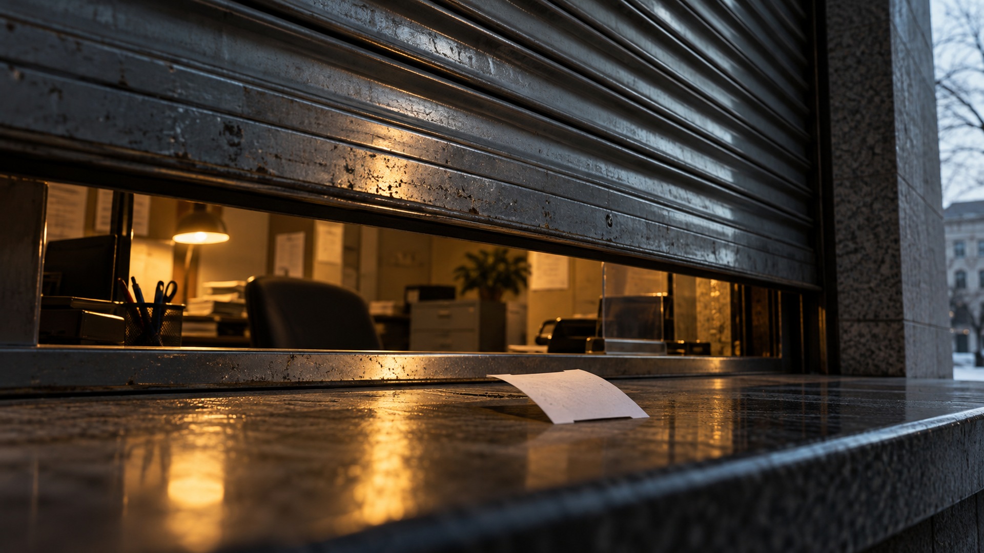 A fictional service shutter illustrates a precautionary website shutdown. AI-generated editorial image, not incident footage.