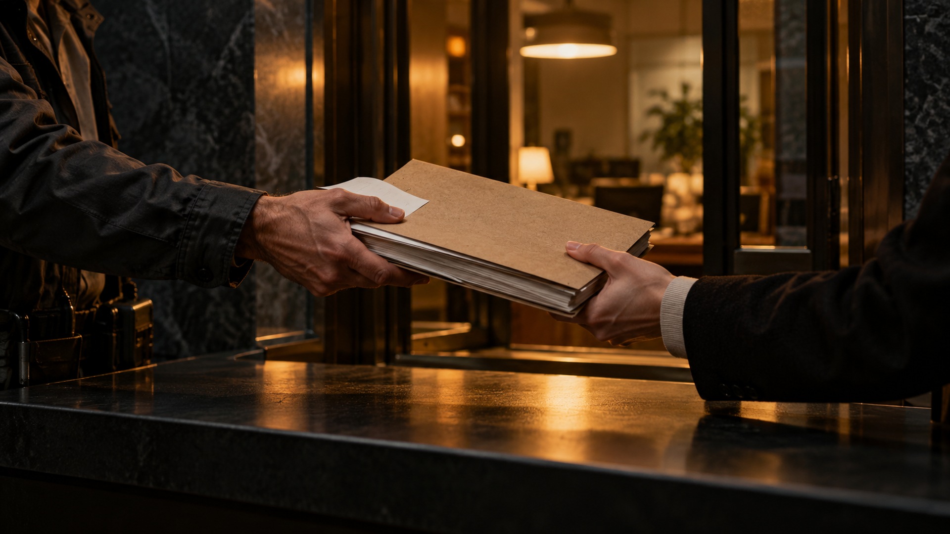 An imagined handoff of a service evidence folder. AI-generated editorial illustration.